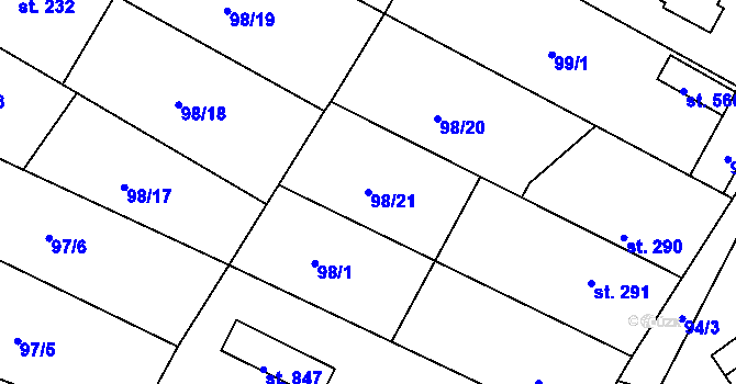 Parcela st. 98/21 v KÚ Dobroměřice, Katastrální mapa