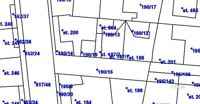Parcela st. 187/2 v KÚ Dobroměřice, Katastrální mapa