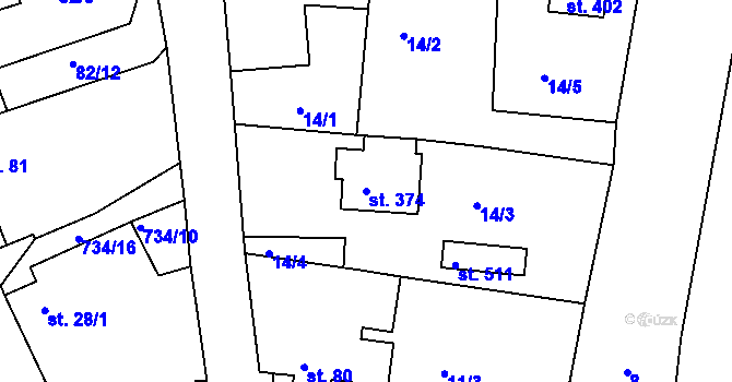 Parcela st. 374 v KÚ Dobronice u Bechyně, Katastrální mapa