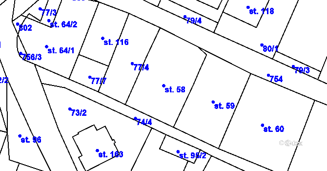 Parcela st. 58 v KÚ Střelecká, Katastrální mapa