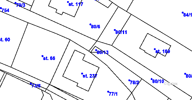 Parcela st. 80/13 v KÚ Střelecká, Katastrální mapa