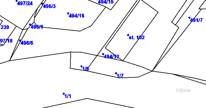 Parcela st. 494/12 v KÚ Střelecká, Katastrální mapa