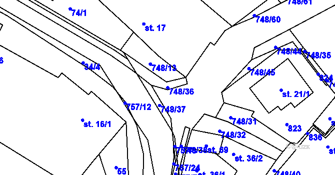 Parcela st. 748/36 v KÚ Střelecká, Katastrální mapa