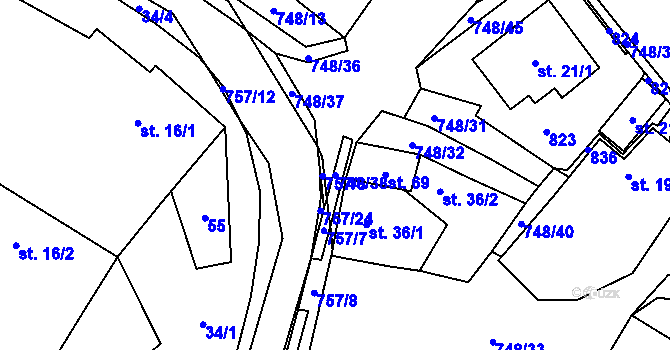 Parcela st. 748/38 v KÚ Střelecká, Katastrální mapa