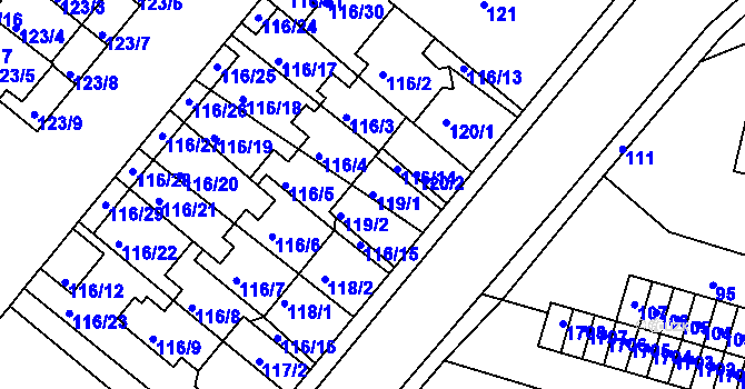 Parcela st. 119/1 v KÚ Dobrovice, Katastrální mapa