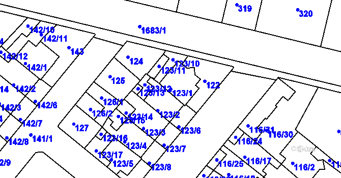 Parcela st. 123/1 v KÚ Dobrovice, Katastrální mapa