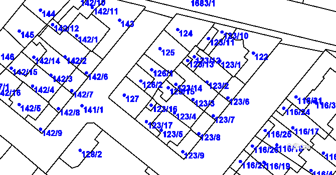 Parcela st. 123/15 v KÚ Dobrovice, Katastrální mapa