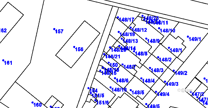 Parcela st. 148/21 v KÚ Dobrovice, Katastrální mapa