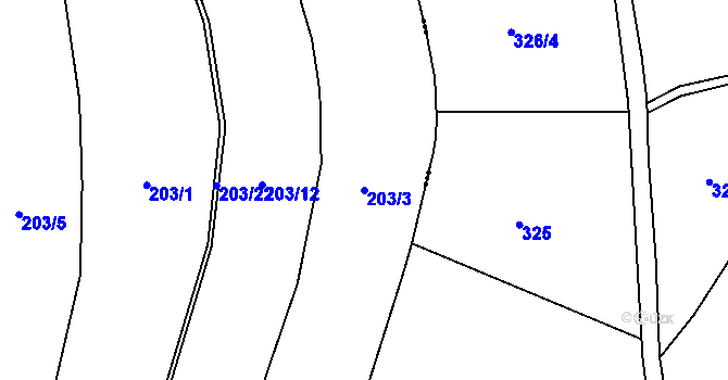 Parcela st. 203/3 v KÚ Křovice, Katastrální mapa