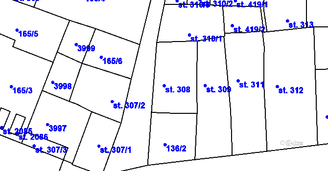 Parcela st. 308 v KÚ Dobřany, Katastrální mapa