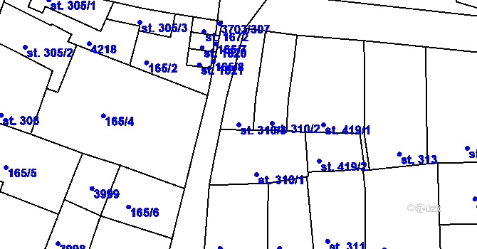 Parcela st. 310/3 v KÚ Dobřany, Katastrální mapa