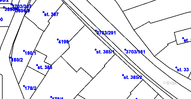 Parcela st. 385/1 v KÚ Dobřany, Katastrální mapa