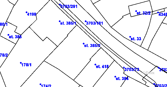 Parcela st. 385/2 v KÚ Dobřany, Katastrální mapa