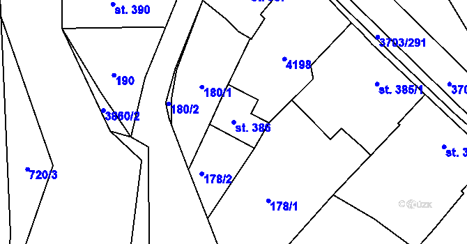 Parcela st. 386 v KÚ Dobřany, Katastrální mapa