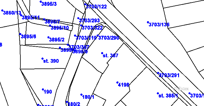Parcela st. 387 v KÚ Dobřany, Katastrální mapa