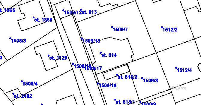 Parcela st. 614 v KÚ Dobřany, Katastrální mapa