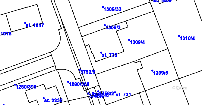 Parcela st. 730 v KÚ Dobřany, Katastrální mapa