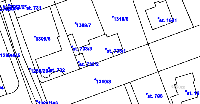 Parcela st. 733 v KÚ Dobřany, Katastrální mapa