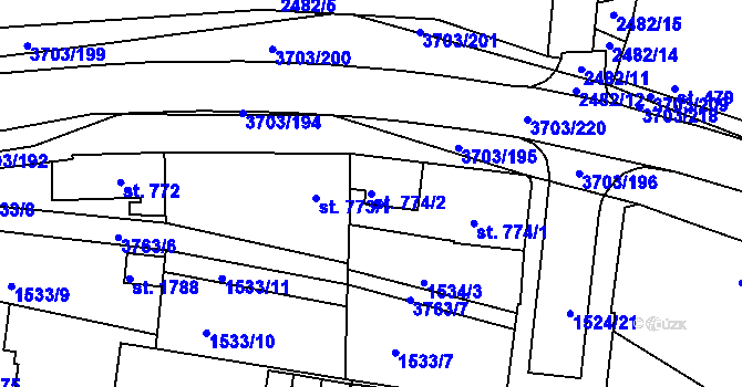 Parcela st. 774/2 v KÚ Dobřany, Katastrální mapa