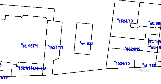 Parcela st. 835 v KÚ Dobřany, Katastrální mapa