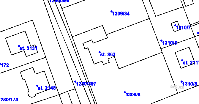 Parcela st. 863 v KÚ Dobřany, Katastrální mapa