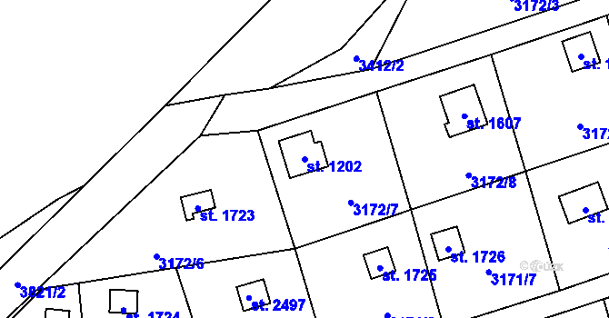 Parcela st. 1202 v KÚ Dobřany, Katastrální mapa