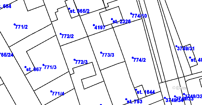 Parcela st. 773/3 v KÚ Dobřany, Katastrální mapa