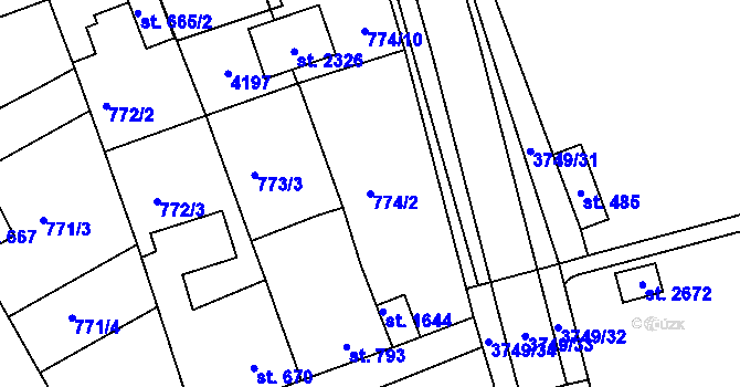 Parcela st. 774/2 v KÚ Dobřany, Katastrální mapa