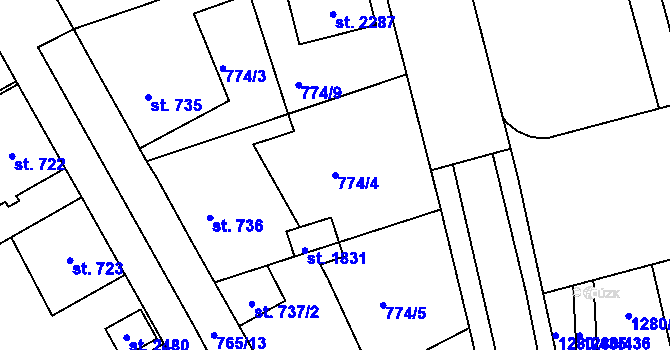 Parcela st. 774/4 v KÚ Dobřany, Katastrální mapa