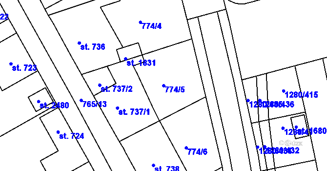 Parcela st. 774/5 v KÚ Dobřany, Katastrální mapa