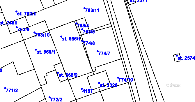 Parcela st. 774/7 v KÚ Dobřany, Katastrální mapa