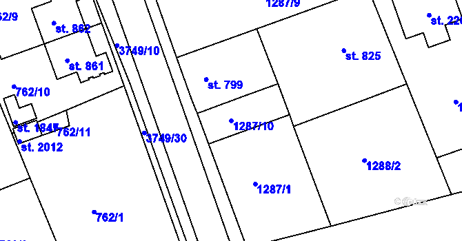 Parcela st. 1287/10 v KÚ Dobřany, Katastrální mapa