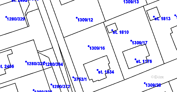 Parcela st. 1309/16 v KÚ Dobřany, Katastrální mapa