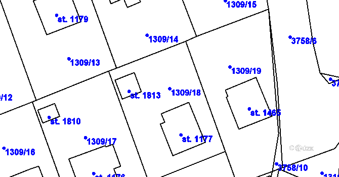Parcela st. 1309/18 v KÚ Dobřany, Katastrální mapa