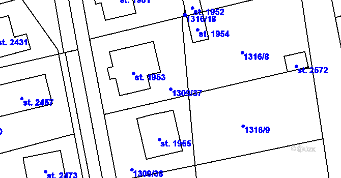 Parcela st. 1309/37 v KÚ Dobřany, Katastrální mapa