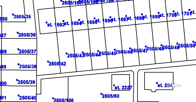 Parcela st. 2505/45 v KÚ Dobřany, Katastrální mapa