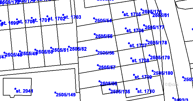 Parcela st. 2505/56 v KÚ Dobřany, Katastrální mapa