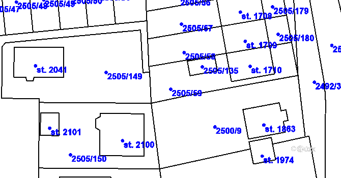 Parcela st. 2505/59 v KÚ Dobřany, Katastrální mapa