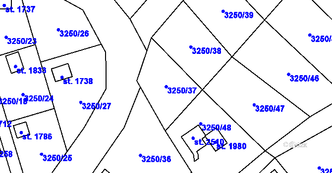 Parcela st. 3250/37 v KÚ Dobřany, Katastrální mapa