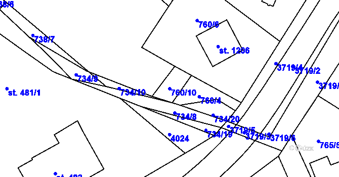 Parcela st. 760/10 v KÚ Dobřany, Katastrální mapa