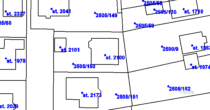 Parcela st. 2100 v KÚ Dobřany, Katastrální mapa