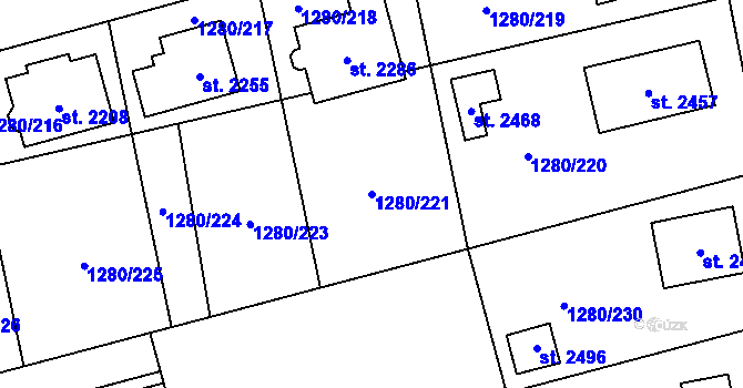 Parcela st. 1280/221 v KÚ Dobřany, Katastrální mapa