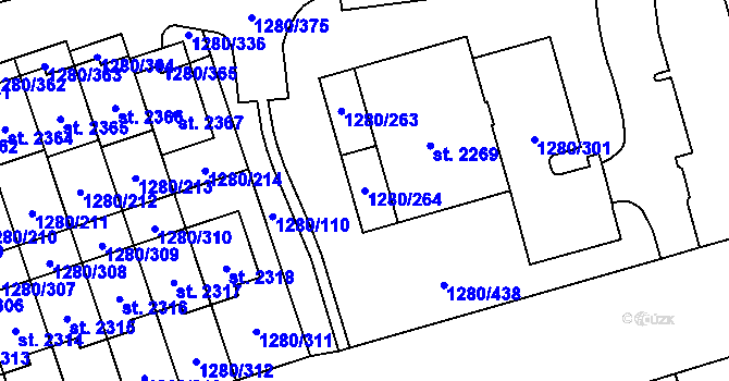 Parcela st. 1280/264 v KÚ Dobřany, Katastrální mapa
