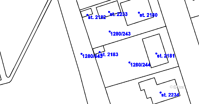 Parcela st. 2183 v KÚ Dobřany, Katastrální mapa