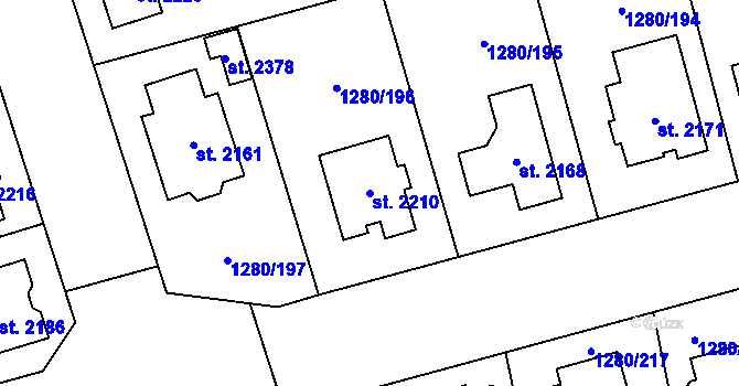 Parcela st. 2210 v KÚ Dobřany, Katastrální mapa