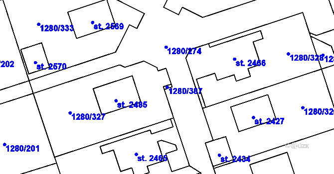 Parcela st. 1280/387 v KÚ Dobřany, Katastrální mapa