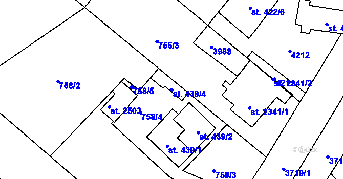 Parcela st. 439/4 v KÚ Dobřany, Katastrální mapa