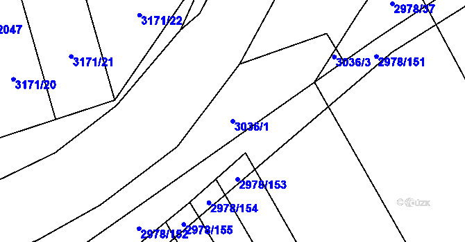 Parcela st. 3036/1 v KÚ Dobřany, Katastrální mapa