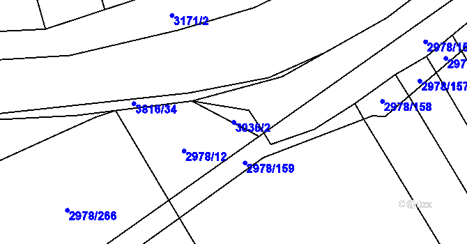 Parcela st. 3036/2 v KÚ Dobřany, Katastrální mapa