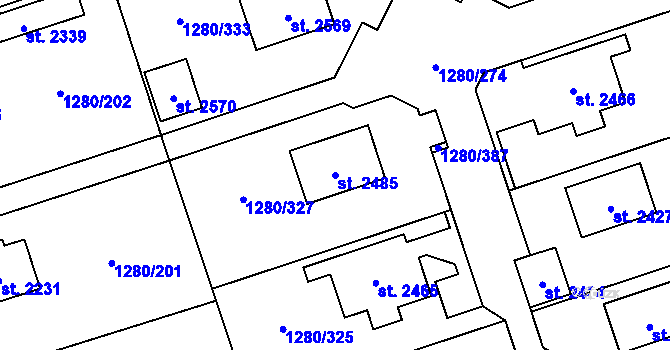 Parcela st. 2485 v KÚ Dobřany, Katastrální mapa